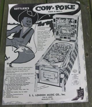 Vintage Gottlieb Cow Poke Pinball Machine Advertising Flyer,  Brochure 1 Page