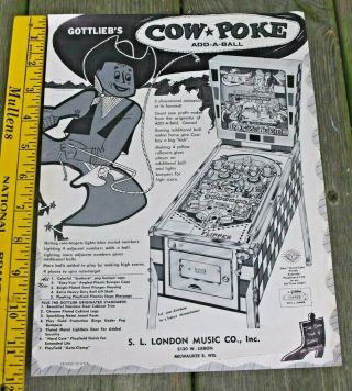 Vintage Gottlieb Cow Poke Pinball Machine Advertising Flyer,  Brochure 1 page 2