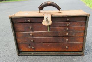 Antique 8 Drawer Machinist Wood Box With Key