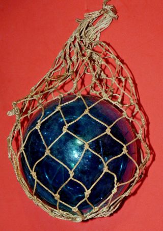 Sm Antique Japanese Blue Blown Glass Ball Fishing Float Buoy Rope Net Nautical