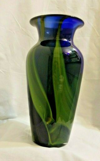 Vintage Art Glass Hand Blown Cobalt Blue And Green Vase 11 1/2 " Tall