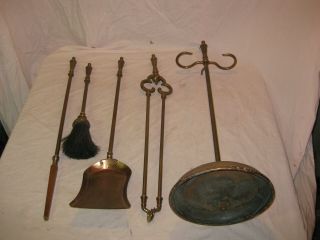 Great Antique Signed Bradley And Hubbard Brass 5 Piece Fireplace Tool Set Lqqk