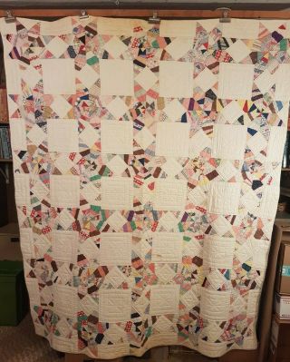 Antique String Star Quilt C.  1930 70 X 87 Hand - Quilted Multi - Colored Large
