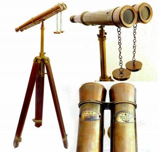 58  Nautical Brass Antique Binocular Victorian Marine Binocular with Wood Stand 2