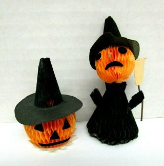 Vintage Halloween Honeycomb Paper Witch And Jack O Lantern Pumpkin Made In Japan