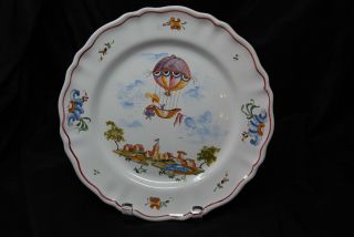 Vintage French Art Pottery Faience Bondil Moustiers Plate Hot Air Balloon Castle