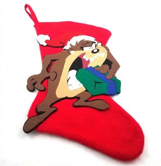 Vintage Looney Tunes Taz Tasmanian Devil Christmas Stocking Red Felt Applique
