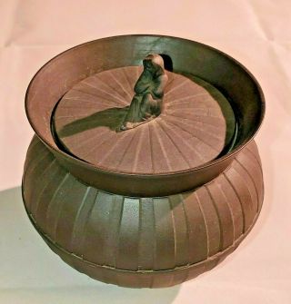 Rare Antique Wedgwood Black Basalt 5 " Sybil Finial Ribbed Urn Pot Bowl W/ Lid