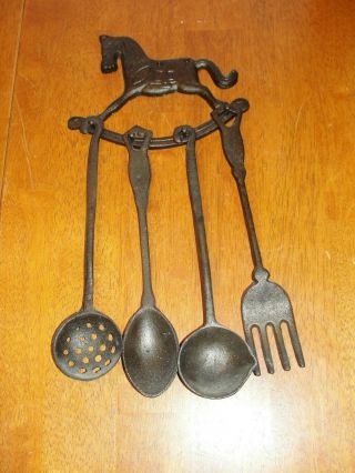 Vintage Set 4 Cast Iron Metal Slotted Spoon,  Spoon & Fork Wall Rack Holder Shelf