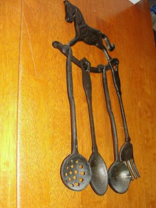 Vintage Set 4 Cast Iron Metal Slotted Spoon,  Spoon & Fork Wall Rack Holder Shelf 2