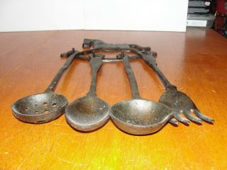 Vintage Set 4 Cast Iron Metal Slotted Spoon,  Spoon & Fork Wall Rack Holder Shelf 3