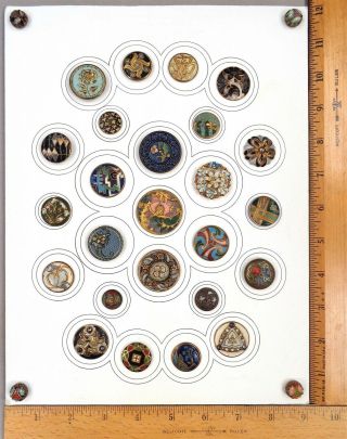 Card Of 29 Antique Painted Brass Buttons,  Assorted Styles,  Great Color,  1800s