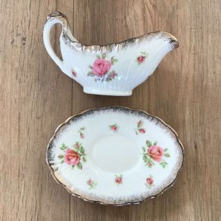 Vintage Crown Ducal Pink Roses Sauce/gravy Boat Jug And Plate Set.  English 454