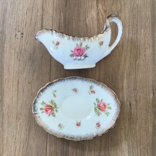 Vintage Crown Ducal Pink Roses Sauce/Gravy Boat Jug And Plate Set.  English 454 2