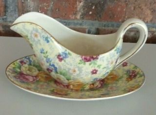 Vintage Bcm Lord Nelson Ware Chinz Sauce Gravy Boat Jug & Saucer.  Rose Time