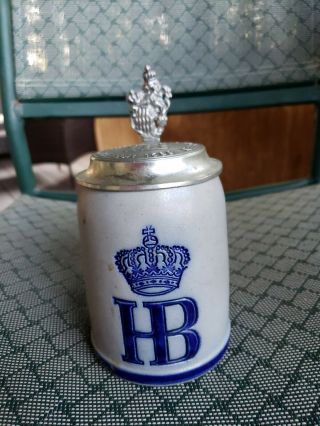 Vintage Salt Glazed Hb Cobalt Blue Handmade Stoneware Beer Stein,  5.  5 "