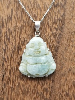 Vintage Sterling Silver And Carved Jade Buddha Pendant Necklace 17 "
