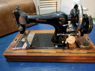 Antique Durance Hand Crank Sewing Machine With Case Pretty,  Inlay Ruler