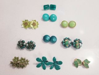 Vintage Enamel Flower Floral Earrings Cluster Glass Green Clip On