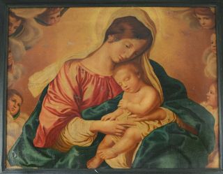 Fine Large Antique 19th Century Madonna & Child Oil Painting Sassoferrato