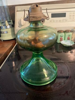Early Antique Green Depression/ Vaseline Glass Oil Lamp Glows