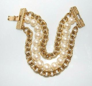 Elegant Vintage Monet Gold Toned Chains And Faux Pearls Statement Cuff Bracelet