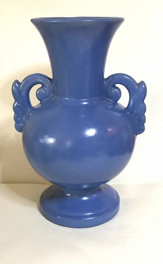 1930s Vtg American Art Pottery Blue Vase With Handles 9” Art Deco Art Nouveau