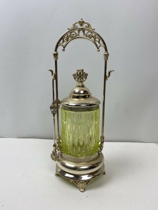 Antique Vaseline Green Glass Pickle Castor Jar With Stand And Tongs