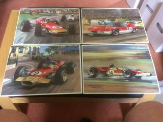 Vintage Set Of 4 Michael Turner Prints Of The 1968 Gold Leaf Team Lotus Cars