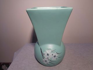 Vintage Mccoy Usa Vase Jade Green,  White Dogwood Pattern Springwood Line 1960s