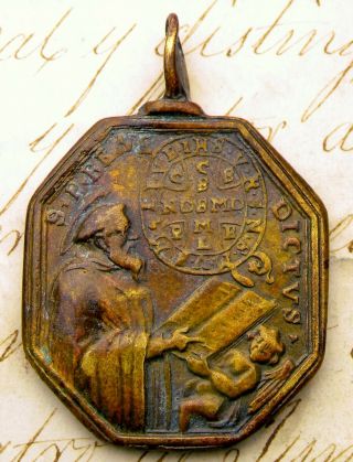 Antique 17th Century St.  Scholastica & St.  Benedict Exorcism Bronze Rosary Medal
