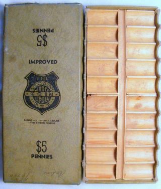 Vintage Lonson $5 Pennies Cardboard & Wood Coin Box/holder Mankato Paper Box Co.