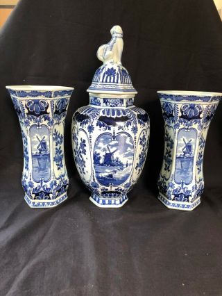 Antique Cabinet Set Center Vase & 2 Trumpet Vases Delfts Blue Boch Belgium