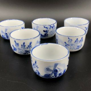 Vintage Blue White Porcelain Small Tea Cups Windmill Flowers Signed Set Of 6