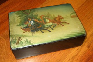 Antique Imperial Russian Lacquer Box Vishniakov Troika Tea Caddy