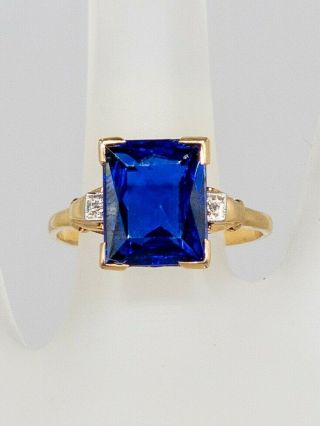 Antique 1940s Retro 4ct Blue Sapphire Diamond 10k Yellow Gold Ring