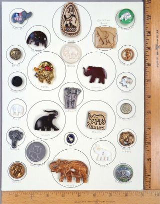 Card Of 25 Buttons,  Assorted Elephants,  Many Realistics,  Various Materials,  Ages