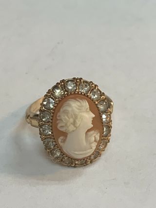Antique Victorian 10k Gold Hardstone Cameo Ring Size 5.  5 With Clear Stones