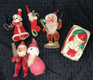 Vintage Kitchy Mixed Set Of 6 Santa Claus Christmas Ornaments - Decorations