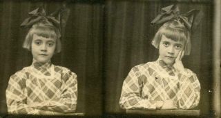 H213 Vtg Photo Girl In Plaid Dress,  Big Bow In Hair C Early 1900 