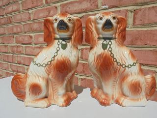 Pair Antique Staffordshire Pottery Spaniel Dog Mantle Figures 10 "