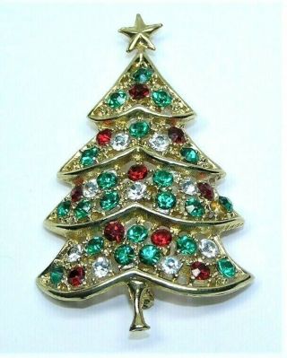 Vintage Christmas Tree Pin Brooch Green Red Clear Rhinestones Signed Hedy