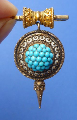 Gorgeous Antique Victorian Medieval Revival Brooch Turquoise & Gilt Metal 1880s