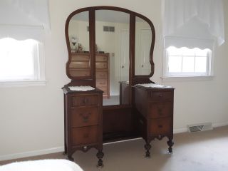 Antique Vanity Dressing Table W/mirror & Matching Seat Bench
