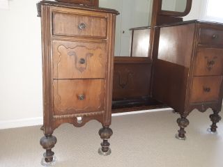 Antique Vanity Dressing Table w/Mirror & Matching Seat Bench 2