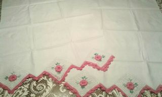 Vintage White Cotton Pillowcases Pair With Pink,  White,  Green Crochet Trim
