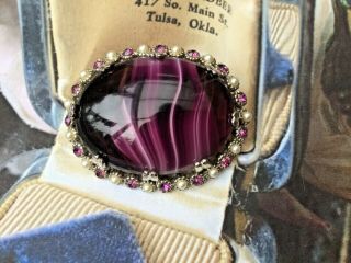 Vintage Sumptuous Glass Purple Banded Agate Style Glass Cushion Brooch Crystal