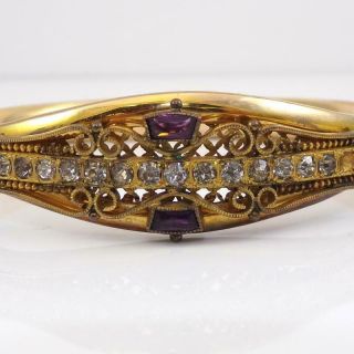 Vtg Antique Victorian Gold Filled Purple Paste Stone Hinged Bangle Bracelet Qzd5