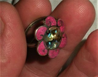 Vintage C.  1960s Flower Power Mexican Sterling Silver Ring Abalone & Pink Vafo