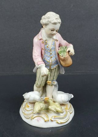 Antique 19th Century Meissen Porcelain Boy Feeding Geese Ducks 5 " Figurine Vgc